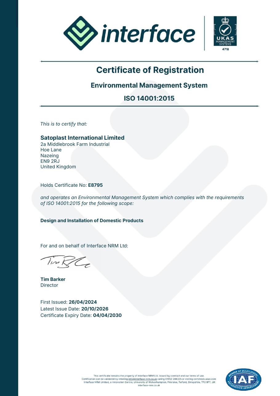 ISO 14001:2015 certificate issued to Satoplast International Limited