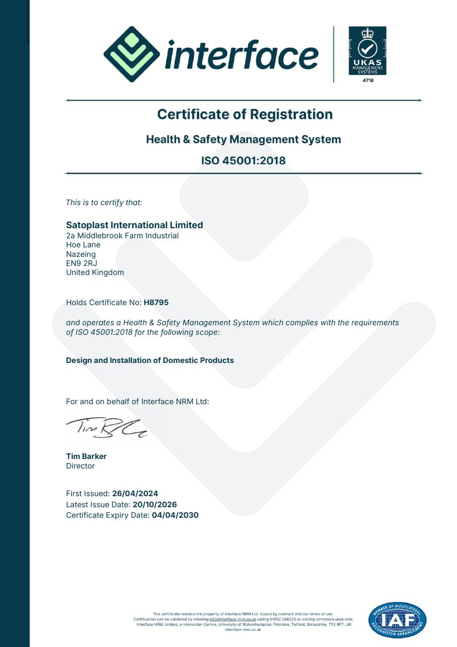 ISO 45001:2018 certificate issued to Satoplast International Limited