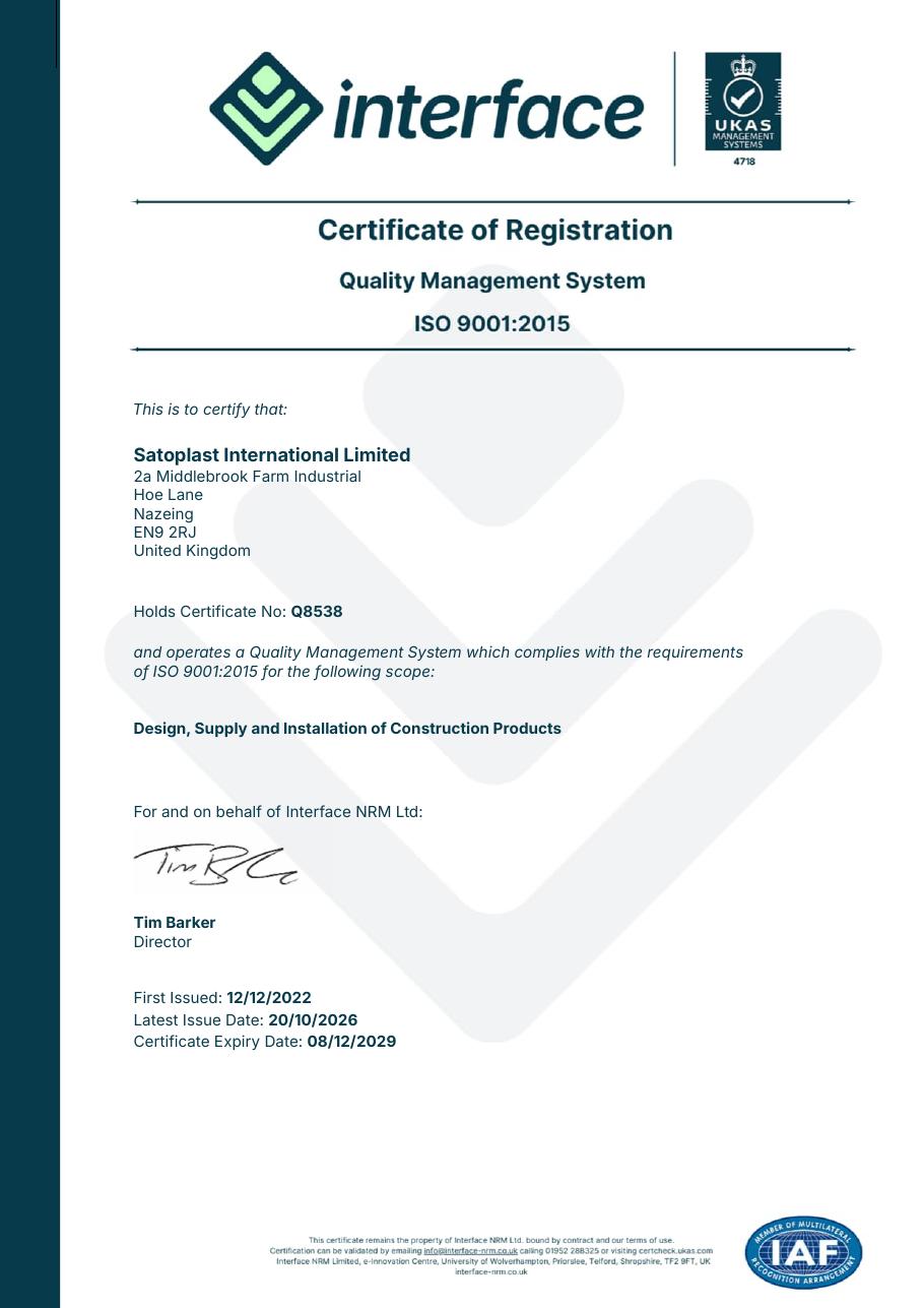 ISO 9001:2015 certificate issued to Satoplast International Limited