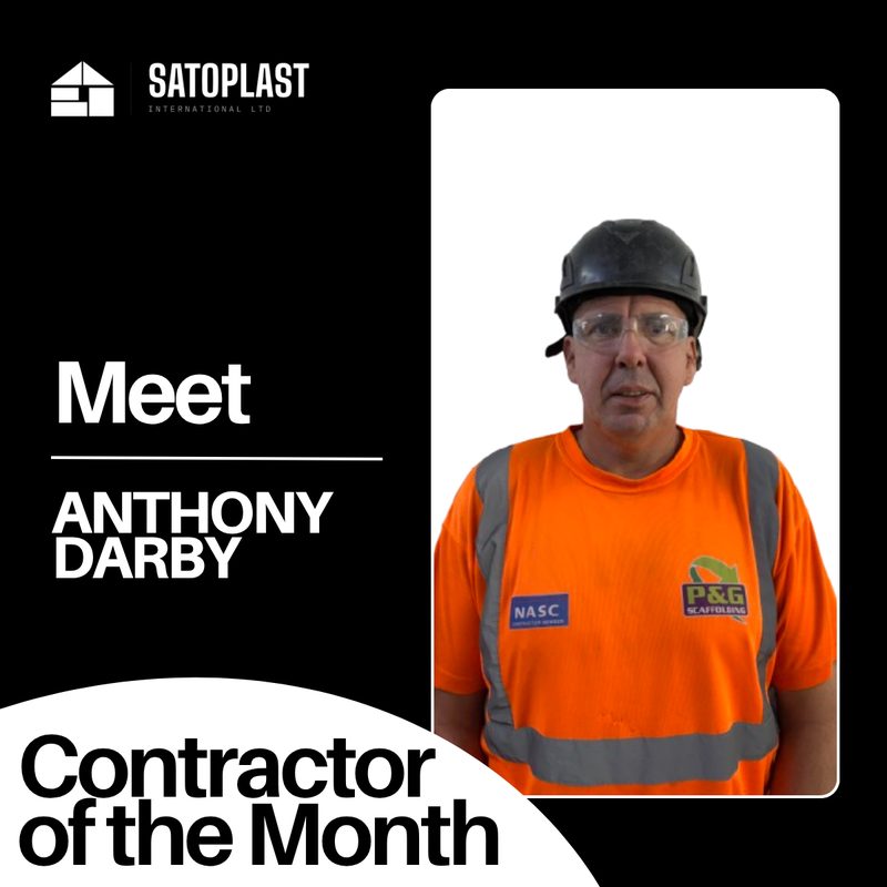 Portrait of Anthony Darby of P&G Scaffolding Ltd, holding the Satoplast Contractor of the Month award